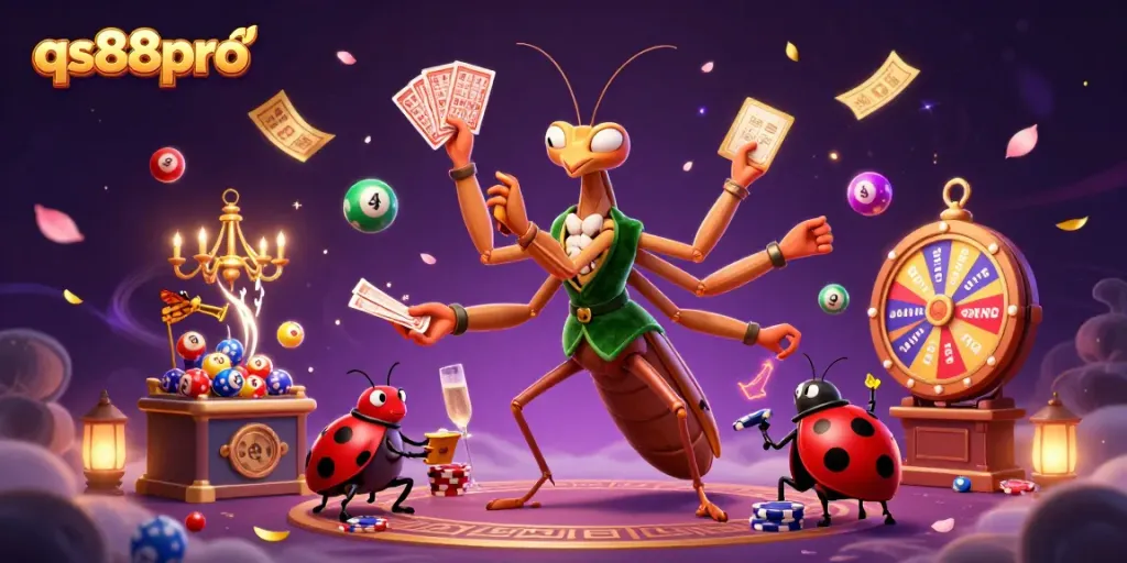 Experience casino excitement at qs88pro with a vibrant illustration of a card sharp and pit boss amidst colorful lottery elements.