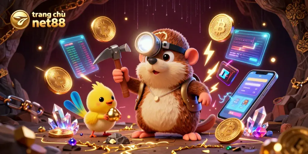 Experience gaming excitement on trang chủ net88 with a treasure-themed illustration filled with crypto elements.
