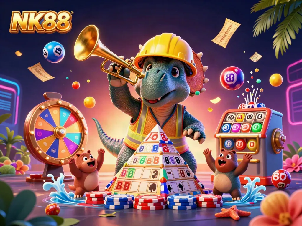 NK88 Triceratops and friends celebrate with lottery and casino elements in vibrant 3D art.