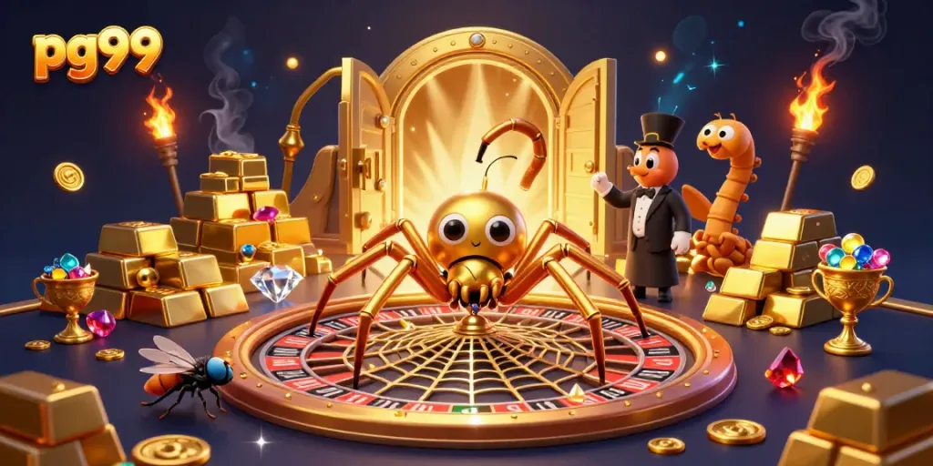 Engage with pg99's thrilling casino experience featuring a golden spider and centipede croupier amidst vibrant treasures.