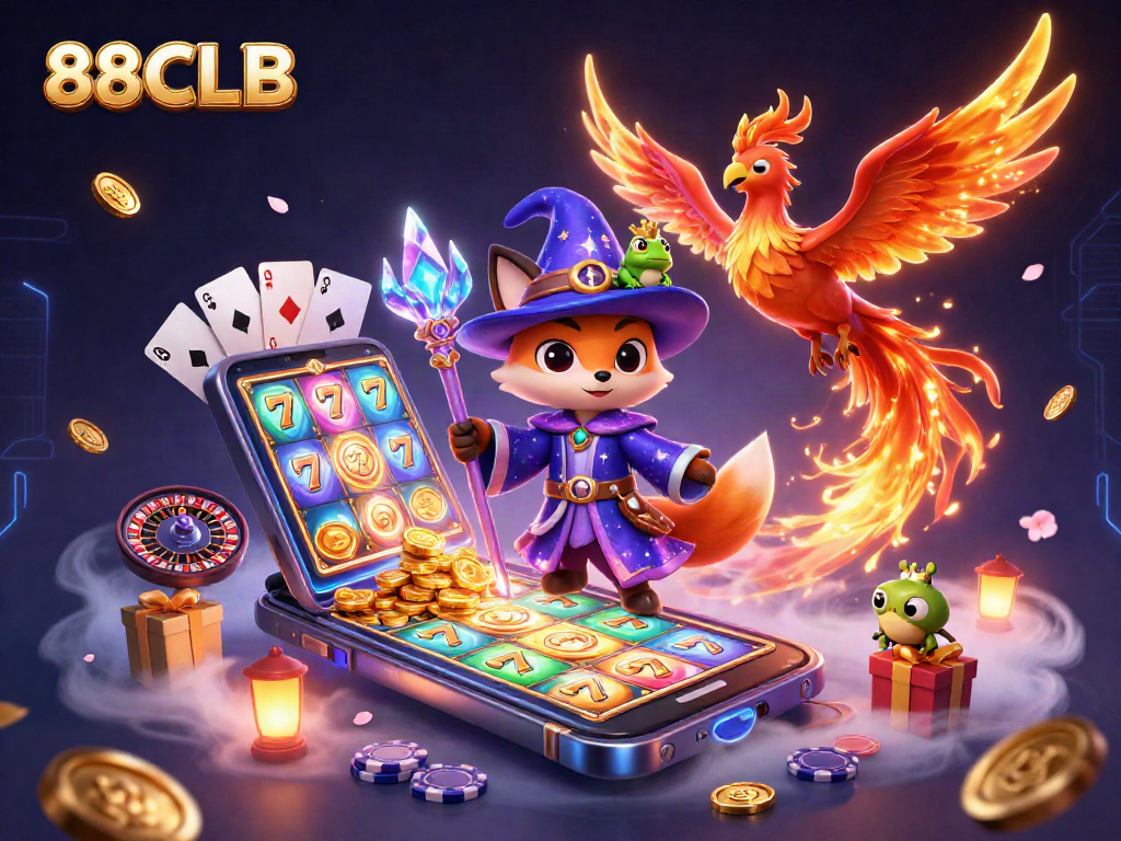 Engage with 88CLB's vibrant 3D scene, featuring a wizard fox, phoenix, and dynamic casino elements.