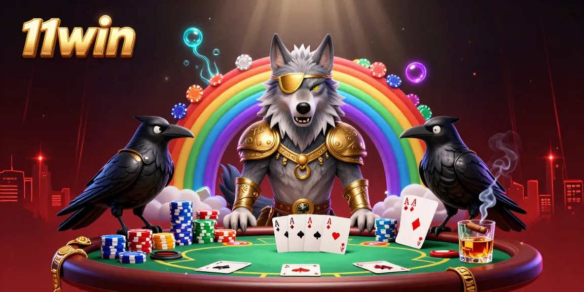Experience the excitement of 11win with an artistic 3D depiction of casino poker elements and Norse mythology.