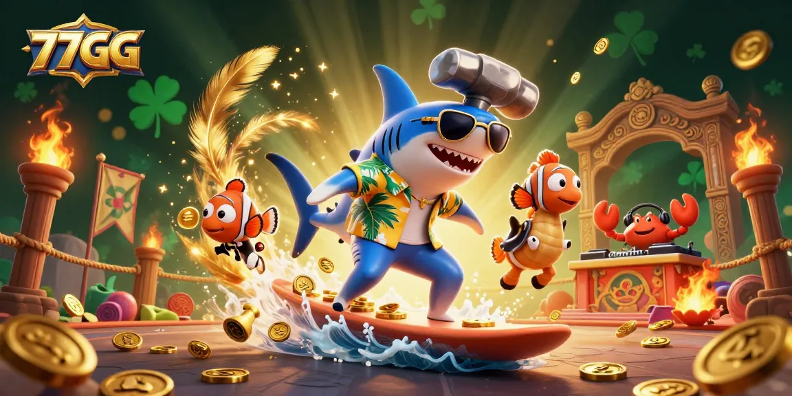 Experience the excitement of 77GG as a hammer-head shark surfs on gold coins in this vibrant casino scene.