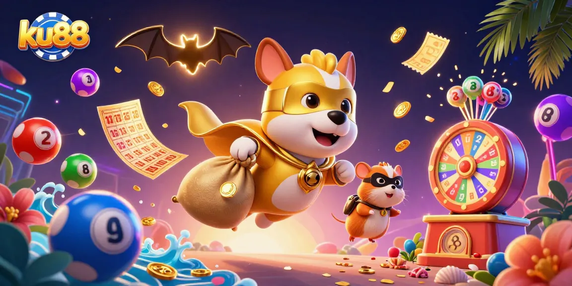 ku88 promotes fun gaming experiences with vivid illustrations of a winning dog superhero and colorful lottery elements