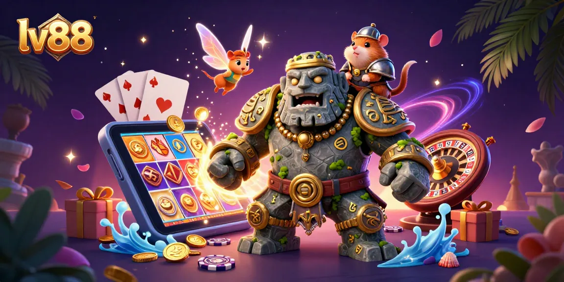 Experience the excitement of lv88 with a colorful casino scene featuring a stone golem, fairy, and hamster knight.