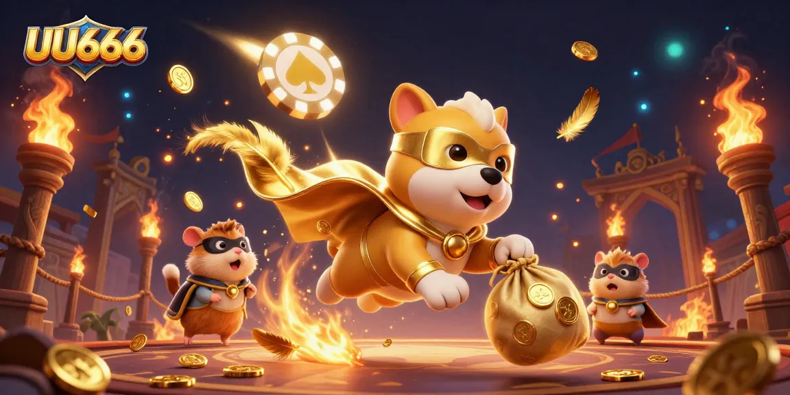 UU666 casino scene with a flying cartoon dog, gold coins, and poker chips in vibrant 3D artwork.