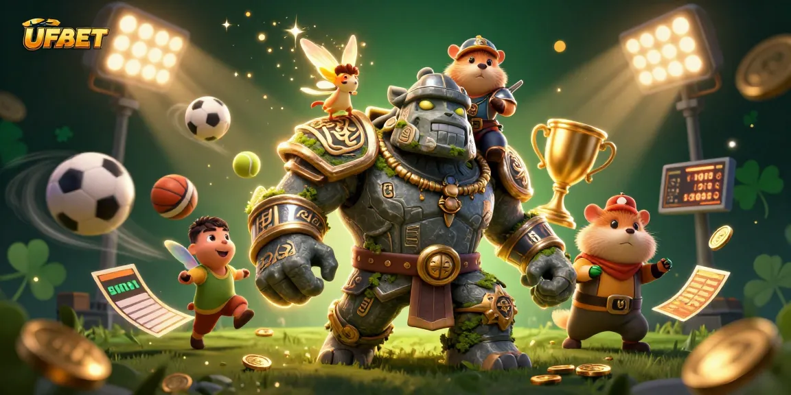 Win big with UFABET in a vibrant 3D casino scene featuring a golem, fairy, and hamster knight.