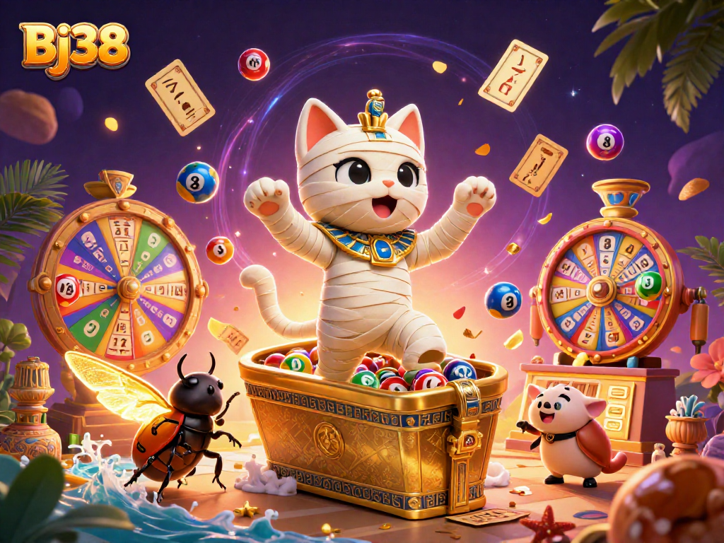 Engage in thrilling gameplay at Bj38 with a mummy cat and glowing scarab in a vibrant casino