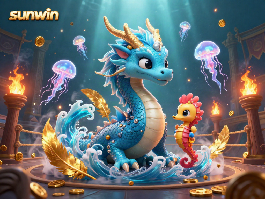 Engage with the vibrant sunwin casino scene featuring a dragon and seahorse knight surrounded by luminous gaming elements.