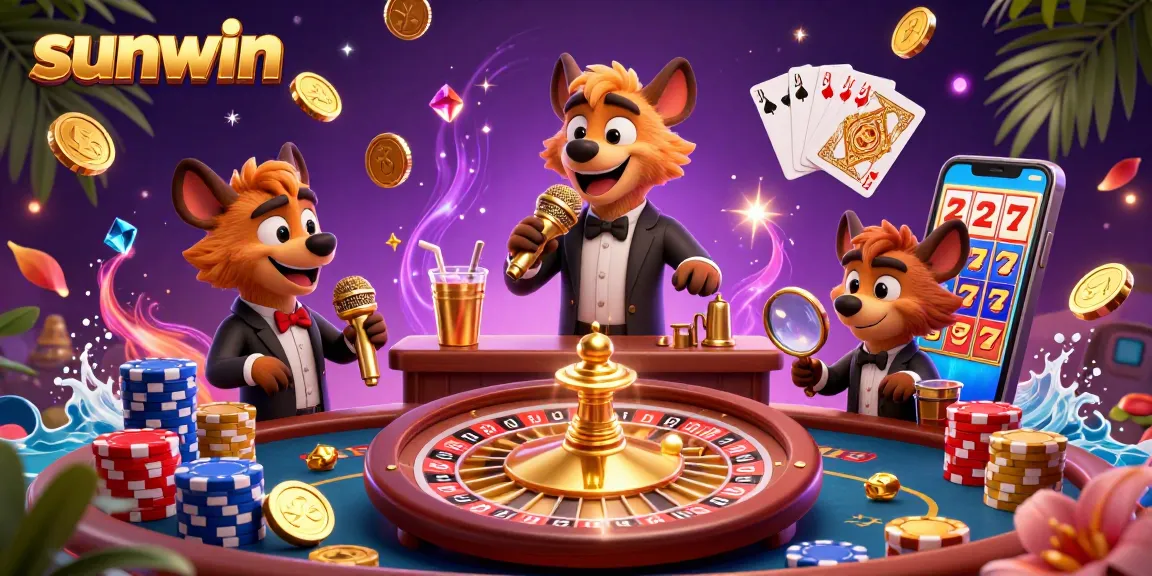 Join sunwin's exciting casino scene with cartoon hyenas, featuring a comedian, bartender, and bouncer surrounded by golden coins and vibrant gaming elements.