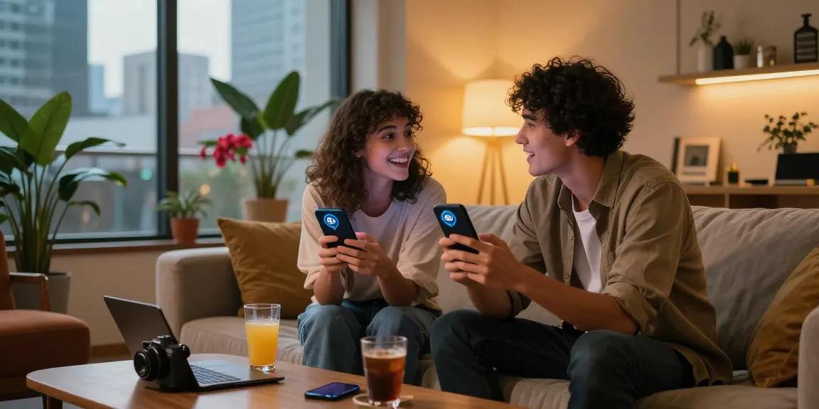 Couple interacting with 18+ ai chatbot in stylish urban lounge, showcasing modern lifestyle.