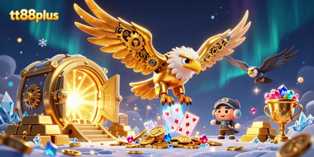 Engage with tt88plus as a golden eagle dives through vibrant holographic cards in a rich casino setting.