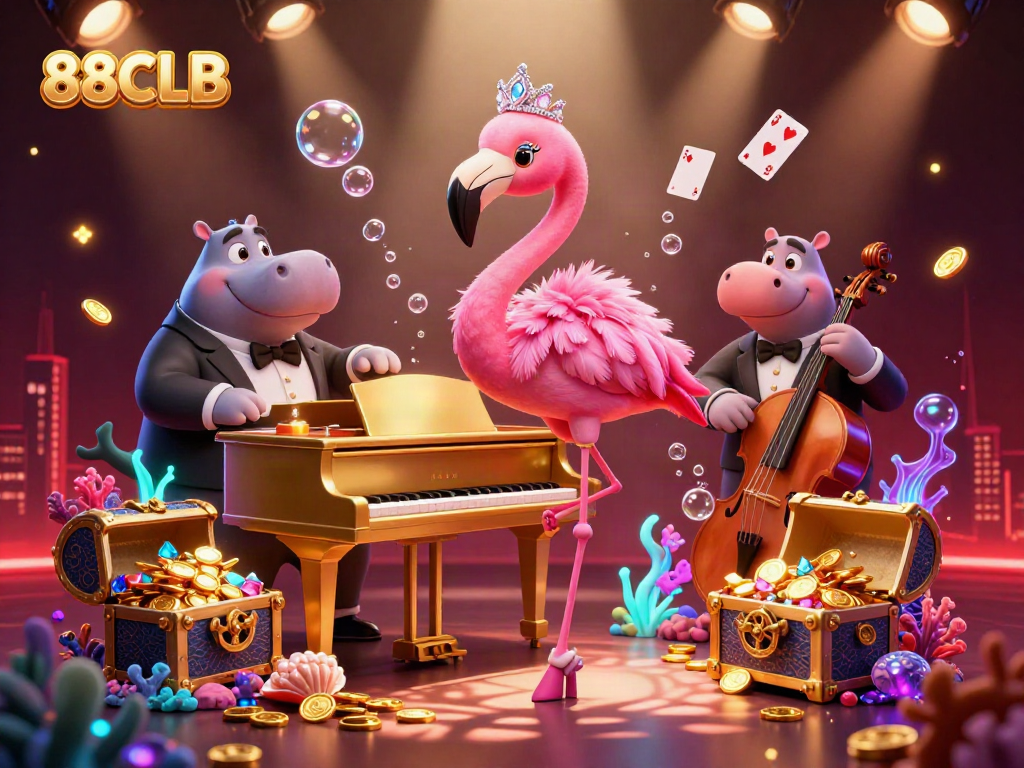 Experience 88CLB's vibrant casino scene with a flamingo singer and hippo bassist surrounded by treasures.