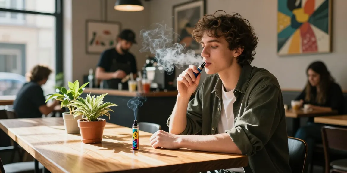 Young adult enjoying weed vapes in a stylish café, showcasing modern cannabis culture and lifestyle.