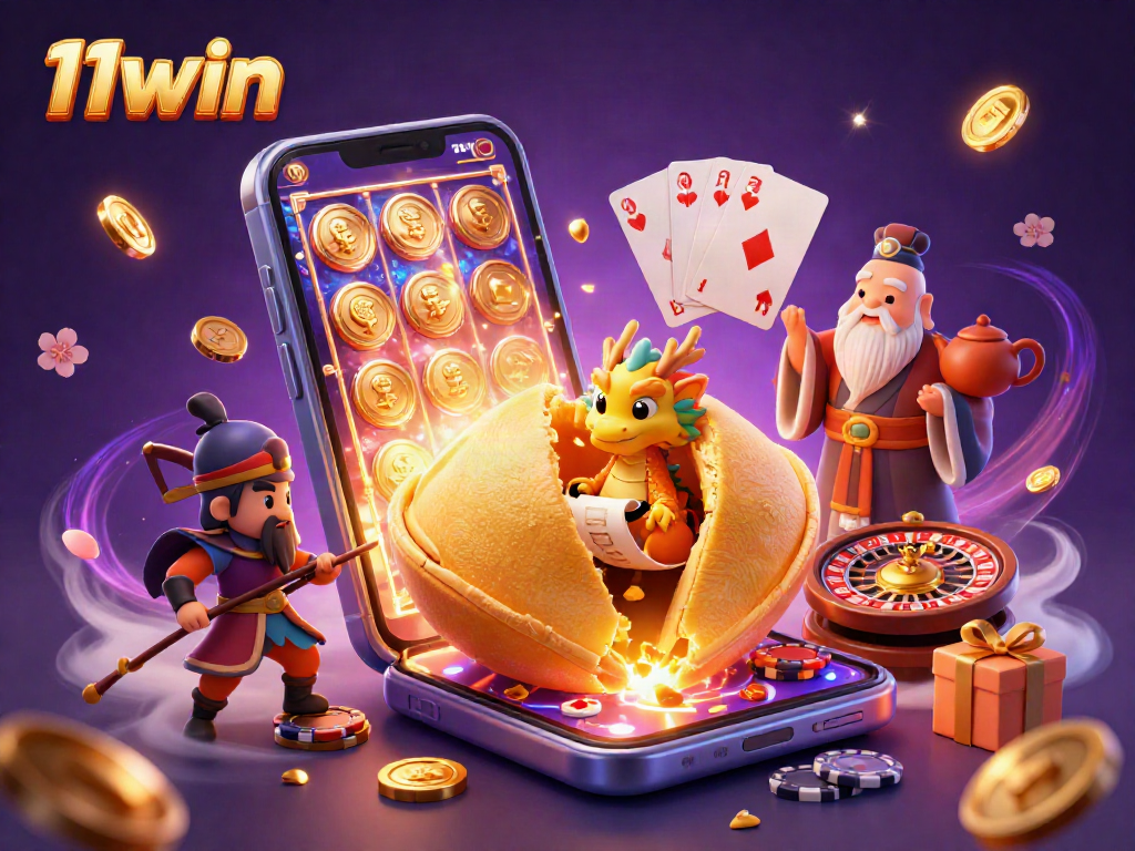Engage with 11win's thrilling atmosphere featuring a golden fortune cookie and vibrant casino elements.