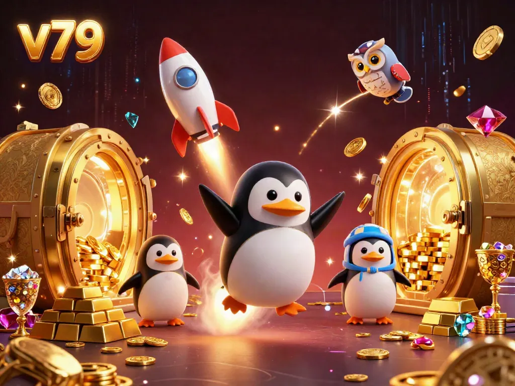 Experience the excitement of v79 with a golden penguin lined up at an online casino surrounded by dazzling treasures.