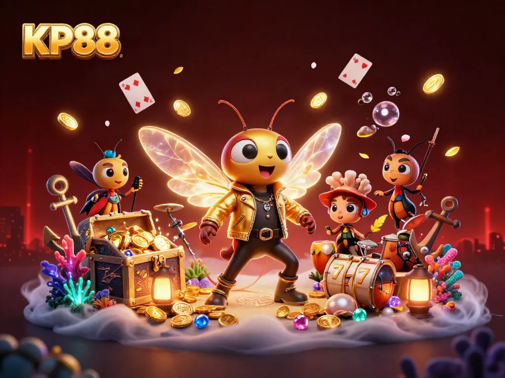 Experience KP88 with a lively 3D casino scene featuring vibrant characters and shimmering game elements.