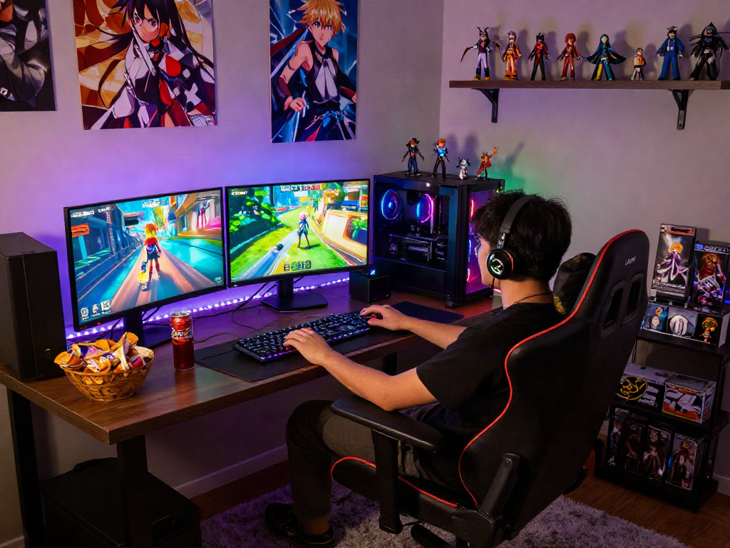 Immersive scene of a gamer playing hentai games in a vibrant room filled with colorful decor.