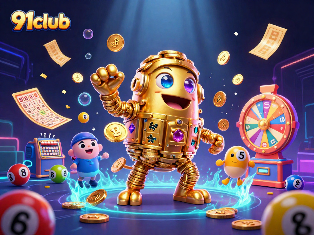 Engage with 91club's vibrant gaming universe filled with golden golems, lottery balls, and prize wheels.