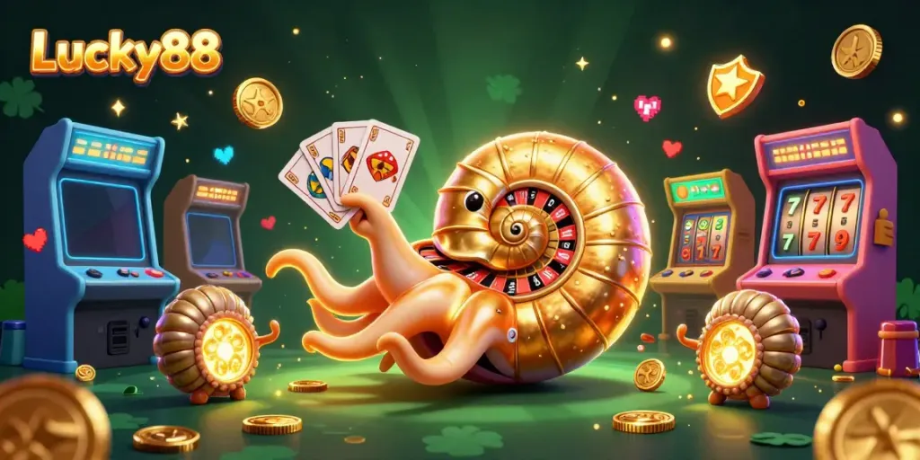 Experience the thrilling world of Lucky88 with a vibrant 3D casino illustration featuring a nautilus roulette wheel and glowing game elements.