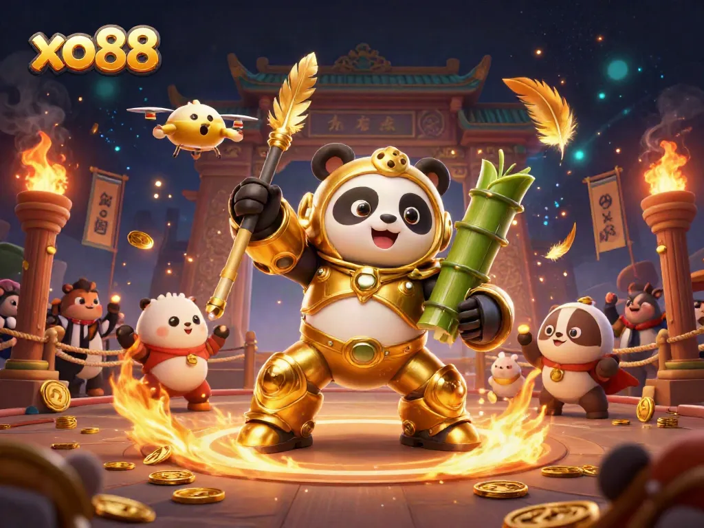 Experience the thrilling action of xo88 with a golden panda piloting a bamboo robot in a vibrant casino arena.