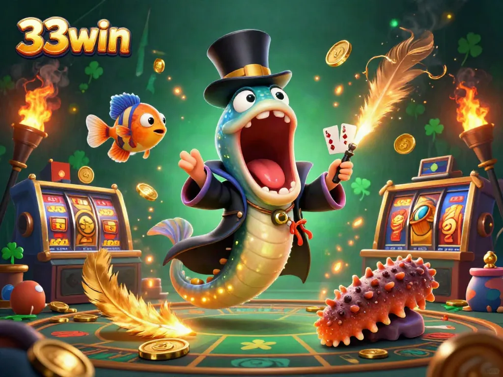 Experience thrilling moments at 33win with a vibrant underwater casino scene featuring animated characters.