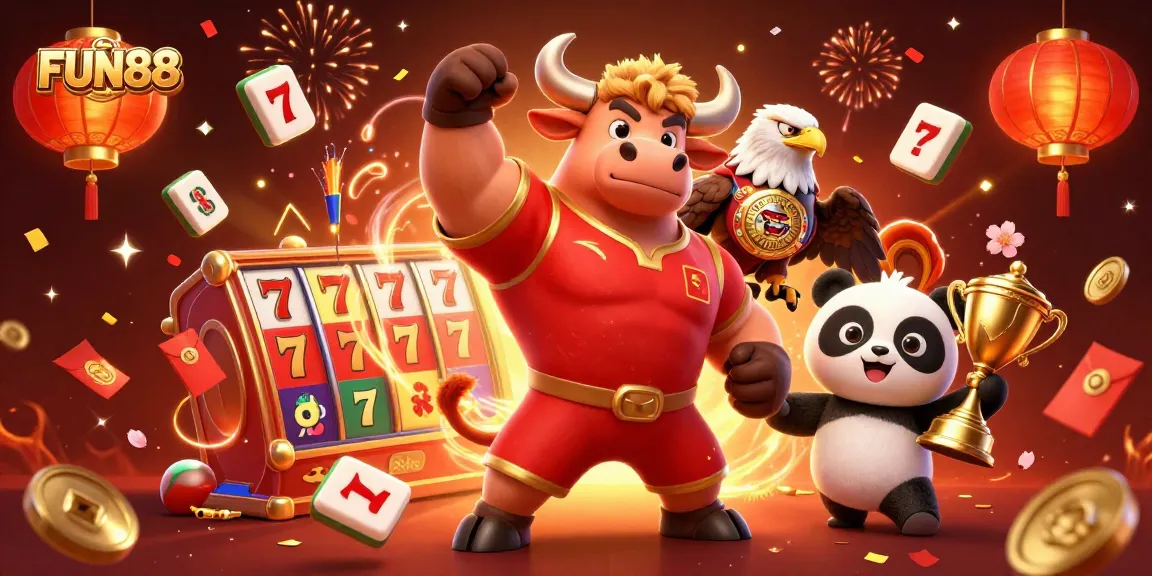 Join the excitement at FUN88 with a festive 3D casino scene featuring a bull mascot, eagle, and panda celebrating.