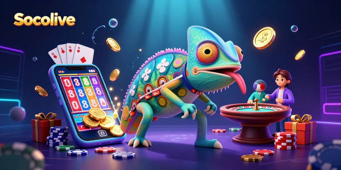 Socolive chameleon casino owner catching coins; vibrant 3D casino action scene.