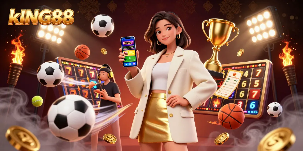 Engage with kING88 for thrilling slot games and sports betting excitement in a vibrant casino illustration.
