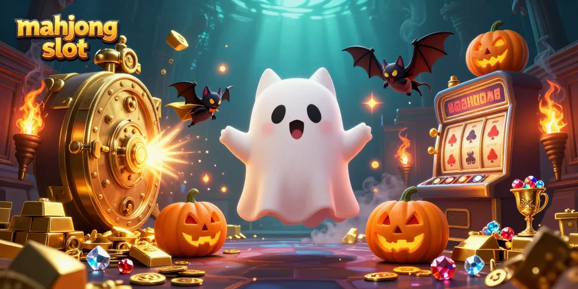 Experience the captivating mahjong slot adventure with a ghost cat and treasures in this vibrant illustration.