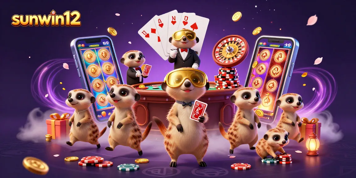 Experience the excitement of sunwin12 with meerkats managing a lively casino, showcasing vibrant slot games and festive décor.