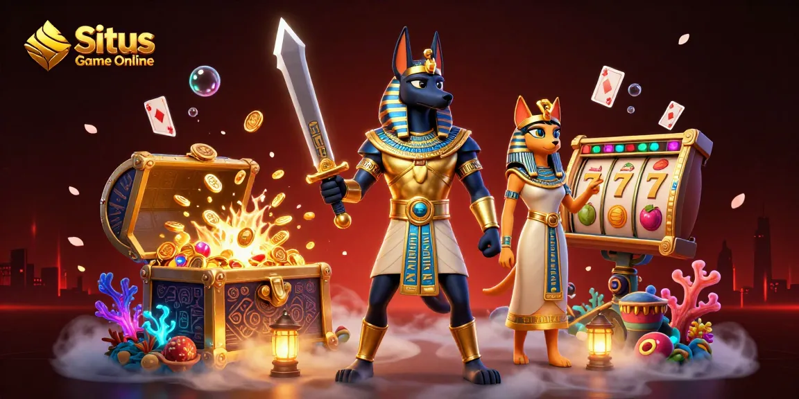Situs Game Online scene featuring Anubis warrior and Bastet, surrounded by treasures and slot reels.