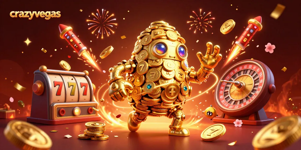 Win big at crazyvegas with a vibrant 3D scene featuring a majestic golden golem and slot reels.