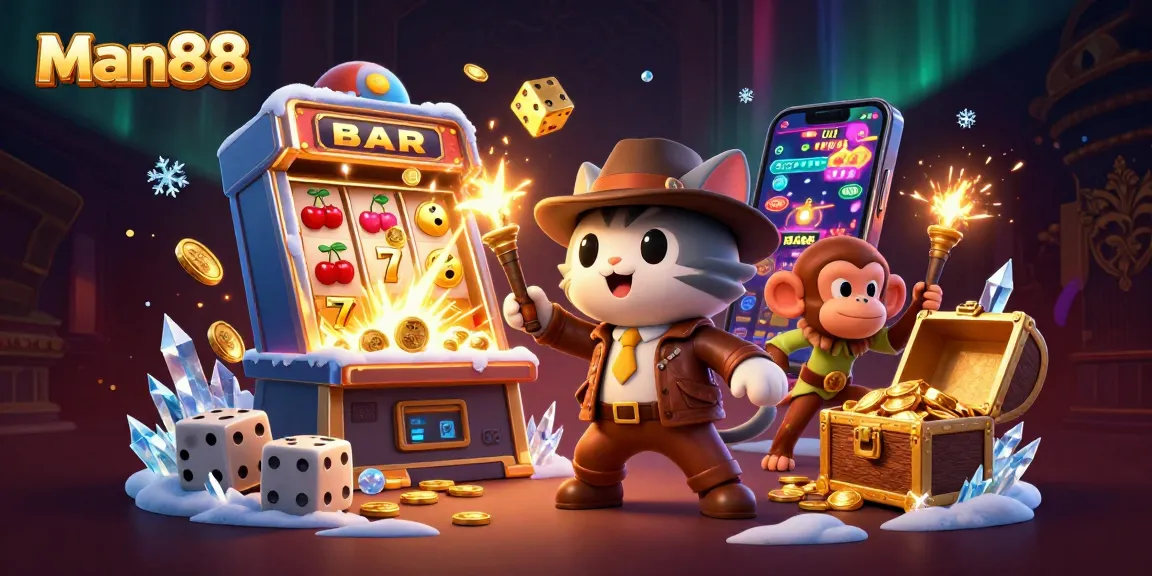 Experience thrilling casino adventures with man88's dynamic gambling scene featuring vibrant characters and game elements.