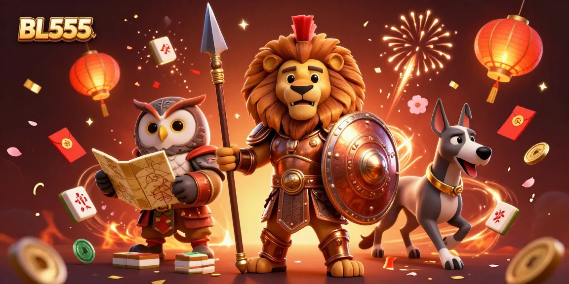 Experience thrilling adventures at BL555 with a captivating 3D casino scene showcasing a heroic lion and strategic owl.