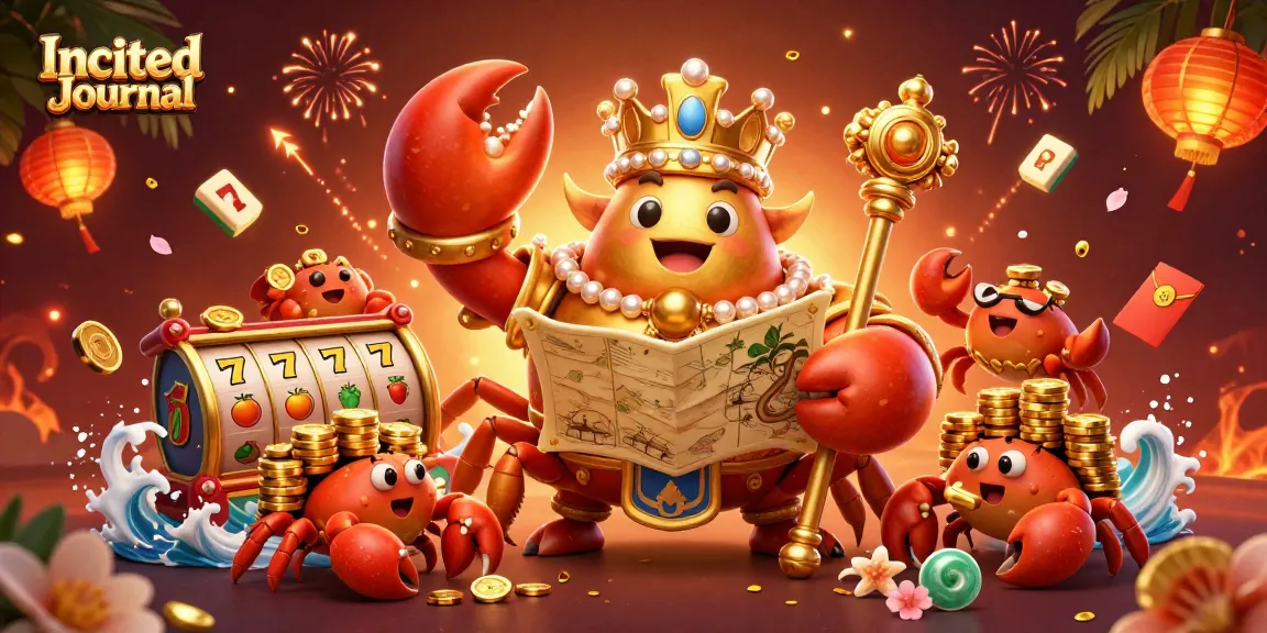 Experience thrilling wins at Incited Journal's vibrant casino scene with animated golden crab and slot reels.