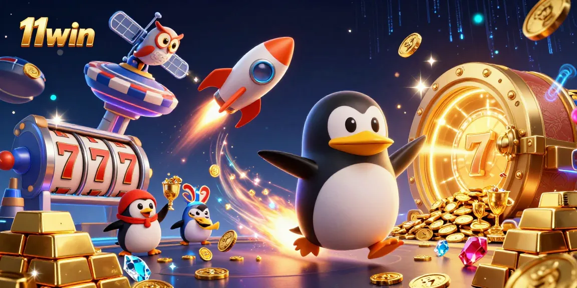 11win rocket-powered penguin launches to a dazzling casino with slots and treasures.