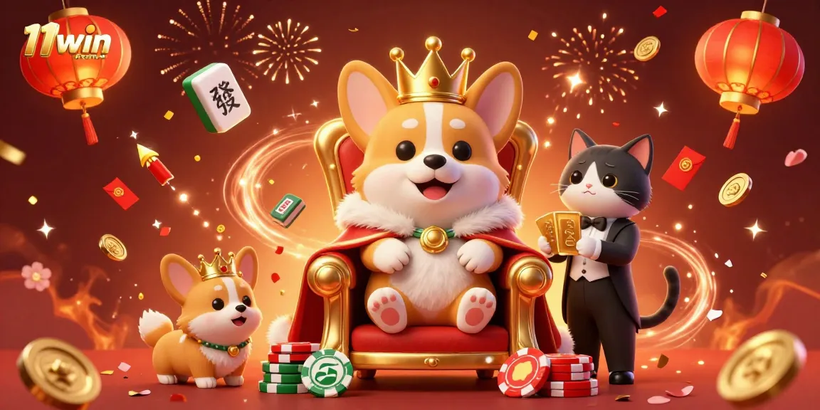 Experience the excitement of 11win with a royal corgi on a poker chip throne amidst vibrant casino elements.