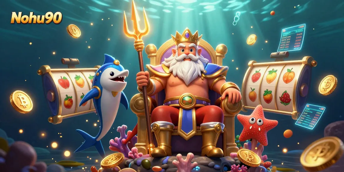 Nohu90 features a vibrant 3D casino scene with Neptune and symbols of jackpot excitement.