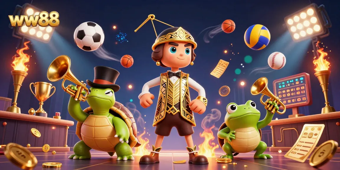 Engage with thrilling games at ww88 through this vibrant casino illustration featuring lively characters and sports elements.