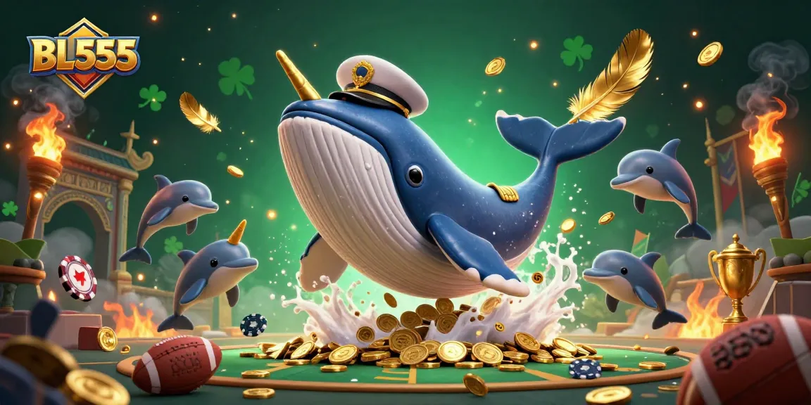 Engage with BL555's thrilling world, featuring a whimsical whale & playful dolphins amidst casino action.