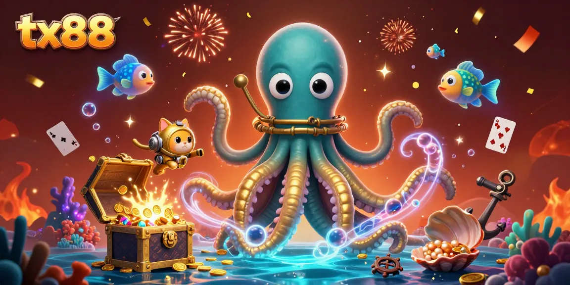 Engage with tx88's thrilling adventure featuring a cartoon kraken and diving cat amidst a treasure-filled ocean.