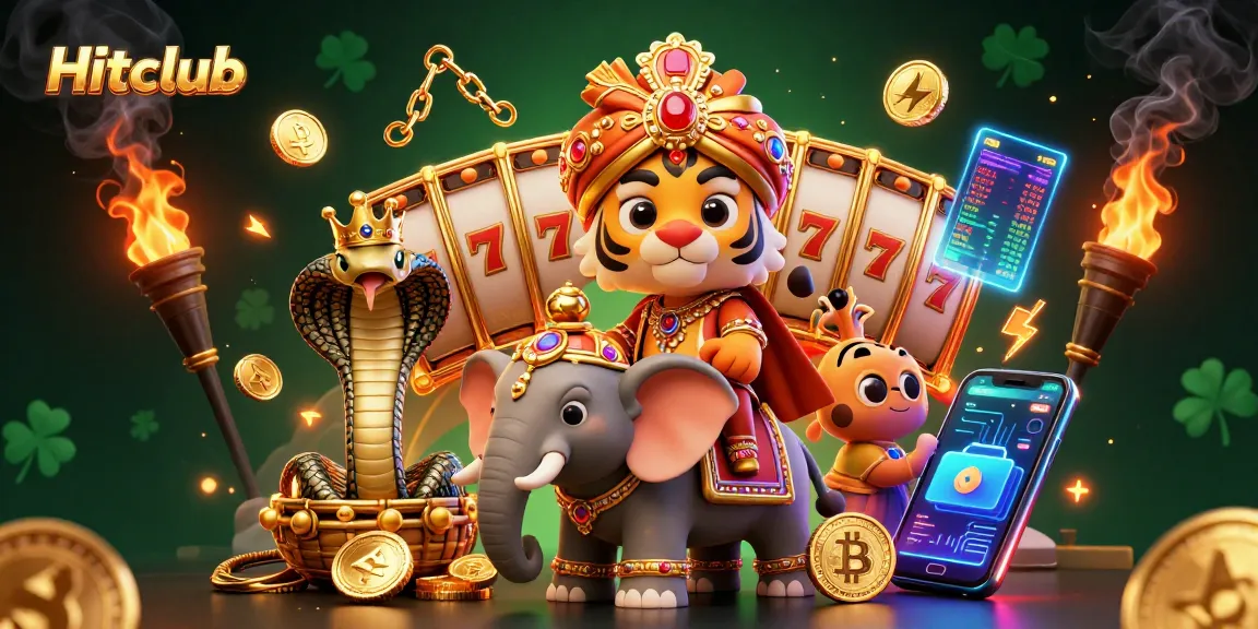 Hitclub showcases thrilling slot games with an enchanting maharaja and vibrant neon elements.